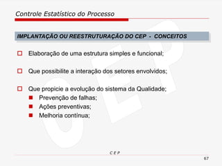 Controle Estatístico do Processo
C E P
67
IMPLANTAÇÃO OU REESTRUTURAÇÃO DO CEP - CONCEITOS
 Elaboração de uma estrutura simples e funcional;
 Que possibilite a interação dos setores envolvidos;
 Que propicie a evolução do sistema da Qualidade;
◼ Prevenção de falhas;
◼ Ações preventivas;
◼ Melhoria contínua;
 