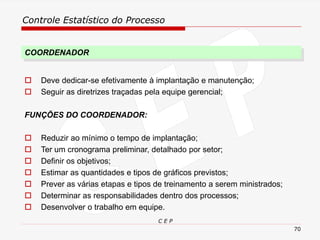 Controle Estatístico do Processo
C E P
70
COORDENADOR
 Deve dedicar-se efetivamente à implantação e manutenção;
 Seguir as diretrizes traçadas pela equipe gerencial;
FUNÇÕES DO COORDENADOR:
 Reduzir ao mínimo o tempo de implantação;
 Ter um cronograma preliminar, detalhado por setor;
 Definir os objetivos;
 Estimar as quantidades e tipos de gráficos previstos;
 Prever as várias etapas e tipos de treinamento a serem ministrados;
 Determinar as responsabilidades dentro dos processos;
 Desenvolver o trabalho em equipe.
 