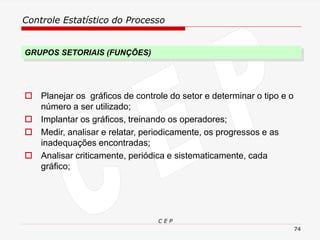Controle Estatístico do Processo
C E P
74
GRUPOS SETORIAIS (FUNÇÕES)
 Planejar os gráficos de controle do setor e determinar o tipo e o
número a ser utilizado;
 Implantar os gráficos, treinando os operadores;
 Medir, analisar e relatar, periodicamente, os progressos e as
inadequações encontradas;
 Analisar criticamente, periódica e sistematicamente, cada
gráfico;
 
