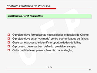 Controle Estatístico do Processo
C E P
80
CONCEITOS PARA PREVENIR:
 O projeto deve formalizar as necessidades e desejos do Cliente;
 O projeto deve estar “vacinado” contra oportunidades de falhas;
 Observar o processo e identificar oportunidades de falha;
 O processo deve ser bem definido, previsível e capaz;
 Obter qualidade na prevenção e não na avaliação;
 