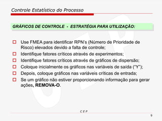 Controle Estatístico do Processo
C E P
9
 Use FMEA para identificar RPN’s (Número de Prioridade de
Risco) elevados devido a falta de controle;
 Identifique fatores críticos através de experimentos;
 Identifique fatores críticos através de gráficos de dispersão;
 Coloque inicialmente os gráficos nas variáveis de saída (“Y”);
 Depois, coloque gráficos nas variáveis críticas de entrada;
 Se um gráfico não estiver proporcionando informação para gerar
ações, REMOVA-O.
GRÁFICOS DE CONTROLE - ESTRATÉGIA PARA UTILIZAÇÃO:
 