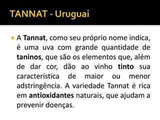    A Tannat, como seu próprio nome indica,
    é uma uva com grande quantidade de
    taninos, que são os elementos que, além
    de dar cor, dão ao vinho tinto sua
    característica de maior ou menor
    adstringência. A variedade Tannat é rica
    em antioxidantes naturais, que ajudam a
    prevenir doenças.
 