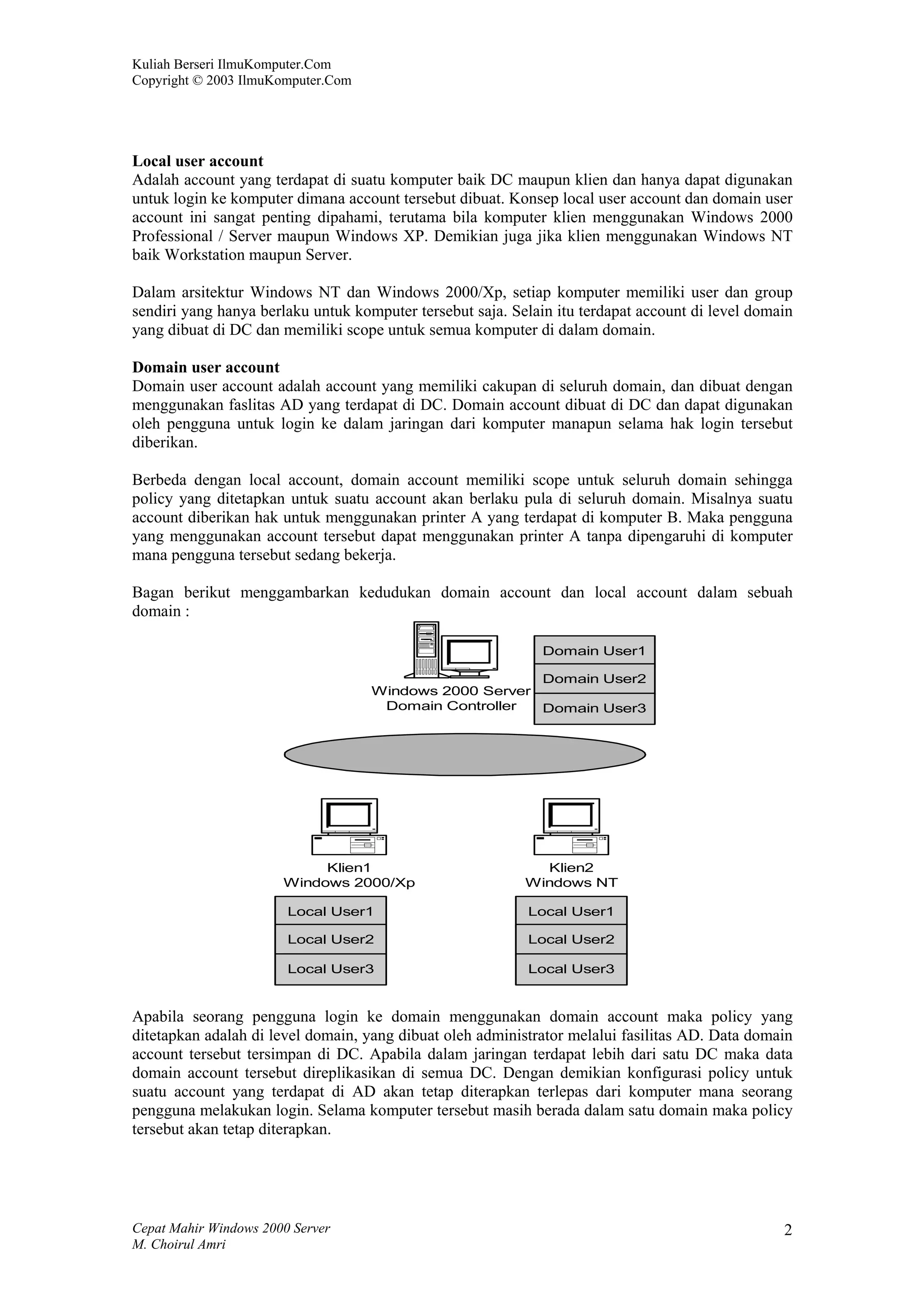 Kuliah Berseri IlmuKomputer.Com
Copyright © 2003 IlmuKomputer.Com




Local user account
Adalah account yang terdapat di suatu komputer baik DC maupun klien dan hanya dapat digunakan
untuk login ke komputer dimana account tersebut dibuat. Konsep local user account dan domain user
account ini sangat penting dipahami, terutama bila komputer klien menggunakan Windows 2000
Professional / Server maupun Windows XP. Demikian juga jika klien menggunakan Windows NT
baik Workstation maupun Server.

Dalam arsitektur Windows NT dan Windows 2000/Xp, setiap komputer memiliki user dan group
sendiri yang hanya berlaku untuk komputer tersebut saja. Selain itu terdapat account di level domain
yang dibuat di DC dan memiliki scope untuk semua komputer di dalam domain.

Domain user account
Domain user account adalah account yang memiliki cakupan di seluruh domain, dan dibuat dengan
menggunakan faslitas AD yang terdapat di DC. Domain account dibuat di DC dan dapat digunakan
oleh pengguna untuk login ke dalam jaringan dari komputer manapun selama hak login tersebut
diberikan.

Berbeda dengan local account, domain account memiliki scope untuk seluruh domain sehingga
policy yang ditetapkan untuk suatu account akan berlaku pula di seluruh domain. Misalnya suatu
account diberikan hak untuk menggunakan printer A yang terdapat di komputer B. Maka pengguna
yang menggunakan account tersebut dapat menggunakan printer A tanpa dipengaruhi di komputer
mana pengguna tersebut sedang bekerja.

Bagan berikut menggambarkan kedudukan domain account dan local account dalam sebuah
domain :

                                                              Domain User1

                                                        Domain User2
                                    Windows 2000 Server
                                     Domain Controller  Domain User3




                            Klien1                           Klien2
                       Windows 2000/Xp                     Windows NT

                        Local User1                        Local User1

                        Local User2                        Local User2

                        Local User3                        Local User3


Apabila seorang pengguna login ke domain menggunakan domain account maka policy yang
ditetapkan adalah di level domain, yang dibuat oleh administrator melalui fasilitas AD. Data domain
account tersebut tersimpan di DC. Apabila dalam jaringan terdapat lebih dari satu DC maka data
domain account tersebut direplikasikan di semua DC. Dengan demikian konfigurasi policy untuk
suatu account yang terdapat di AD akan tetap diterapkan terlepas dari komputer mana seorang
pengguna melakukan login. Selama komputer tersebut masih berada dalam satu domain maka policy
tersebut akan tetap diterapkan.




Cepat Mahir Windows 2000 Server                                                                   2
M. Choirul Amri
 