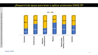 113
Fuente: CEPB
Comercio
Construcción
Industria
manufacturera
Mineria
Restaurantes,
HotelesyTurismo
Servicios
31,5%
56,3%
33,0%
63,6%
54,5% 48,9%
68,5%
43,8%
67,0%
36,4%
45,5% 51,1%
Si No
¿Requerirá de apoyo para tener o aplicar protocolos COVID 19?
3.Consecuenciasdelacuarentenaparalasempresas
 