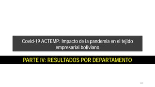 PARTE IV: RESULTADOS POR DEPARTAMENTO
Covid-19 ACTEMP: Impacto de la pandemia en el tejido
empresarial boliviano
123
 