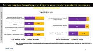 1.1. ¿Las medidas dispuestas por el Gobierno para afrontar la pandemia han sido de
utilidad para su empresa?
41,8%
47,9%
46,9%
53,6%
58,2%
52,1%
53,1%
46,4%
0,0% 10,0% 20,0% 30,0% 40,0% 50,0% 60,0% 70,0% 80,0% 90,0%100,0%
Plazo para pago de contribuciones a las AFP
Suspensión del cómputo de plazo Servicio
de Impuestos Nacionales y/o Aduana
Nacional
Pago diferido o facilidades de pago de
impuestos
Diferimiento de pago de créditos y
reprogramación sin penalidad ni multas
No ha sido de utilidad Ha sido de utilidad
48,5%
83,0%
88,1%
51,5%
17,0%
11,9%
0,0% 10,0% 20,0% 30,0% 40,0% 50,0% 60,0% 70,0% 80,0% 90,0% 100,0%
Ampliación de plazo para cumplir trámites
comerciales
Plan de apoyo al pago de salarios
(préstamos blandos)
Plan Empleo, crédito para micro, pequeña y
medianas empresa
No ha sido de utilidad Ha sido de utilidad
PEQUEÑA EMPRESA
1.PercepciónmedidasdispuestasporelGobierno
Fuente: CEPB
Nota: Para fines metodológicos se ha considerado pequeña empresa a aquellas unidades productiva que han respondido la encuesta declarando que tienen menos entre 6 a
15 trabajadores
54
 