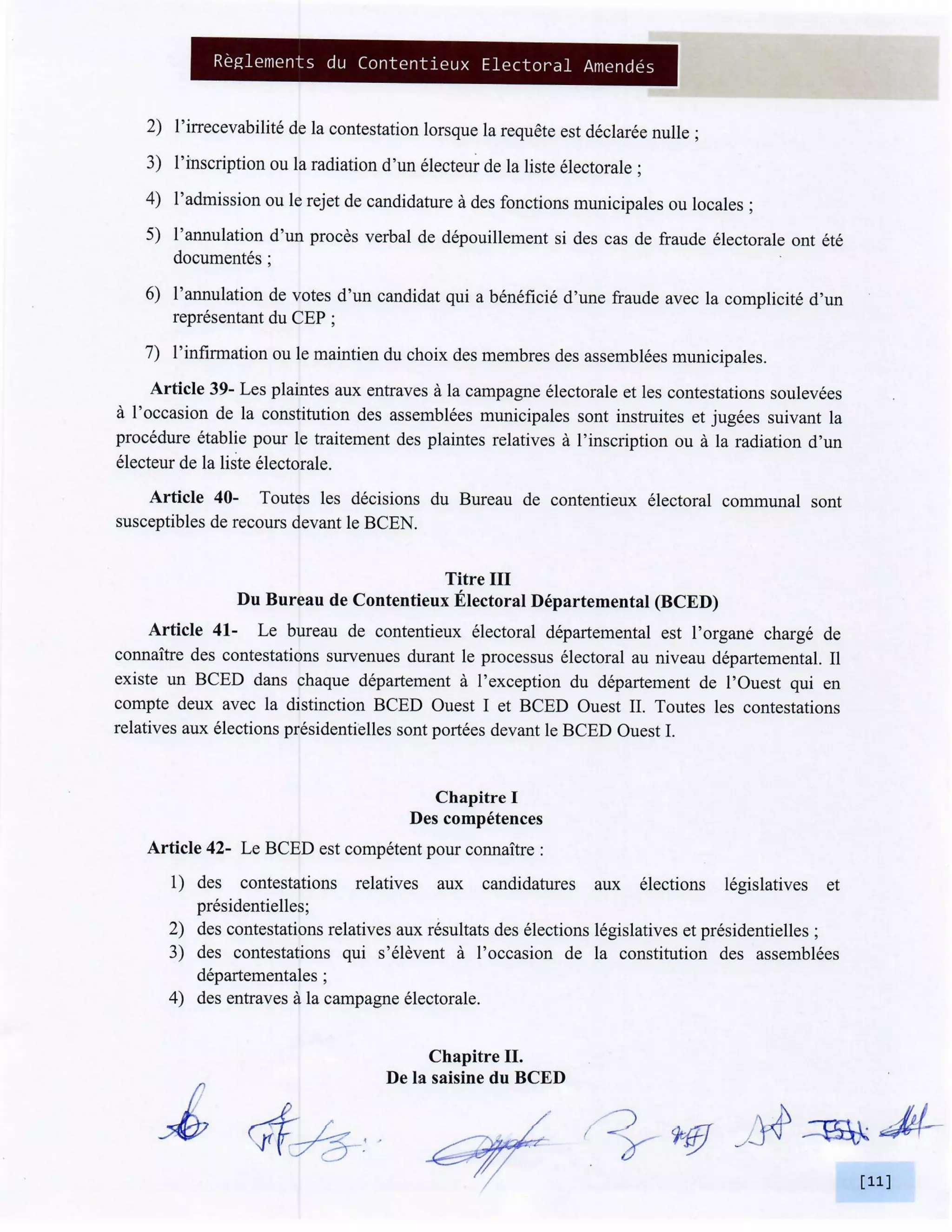 Elections Haiti: Reglements du Contentieux Electoral Amendes BCED et BCEN