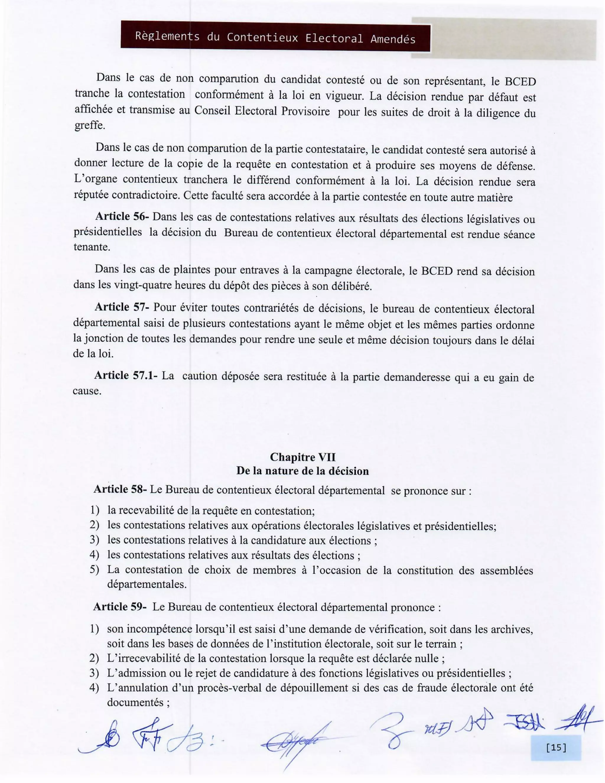 Elections Haiti: Reglements du Contentieux Electoral Amendes BCED et BCEN