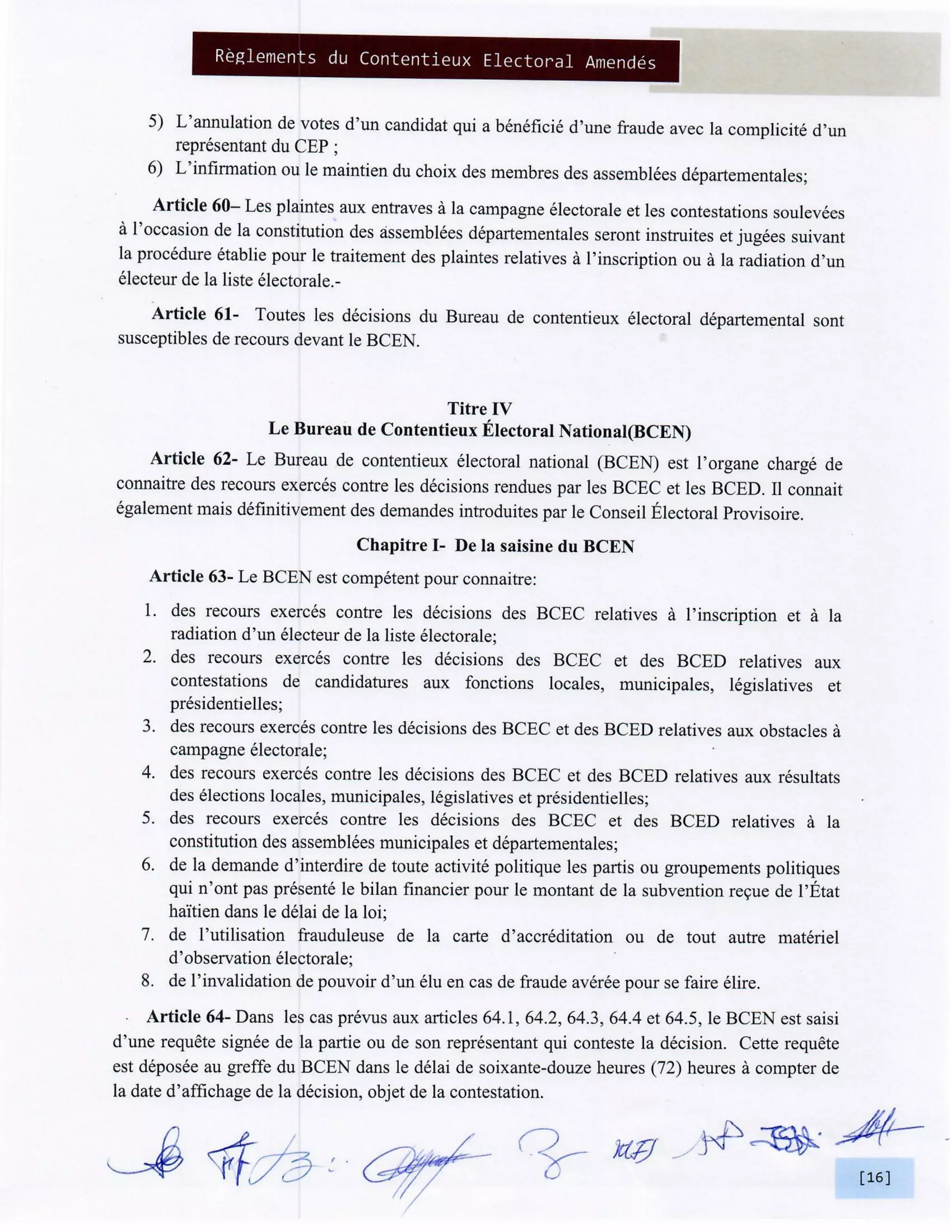 Elections Haiti: Reglements du Contentieux Electoral Amendes BCED et BCEN
