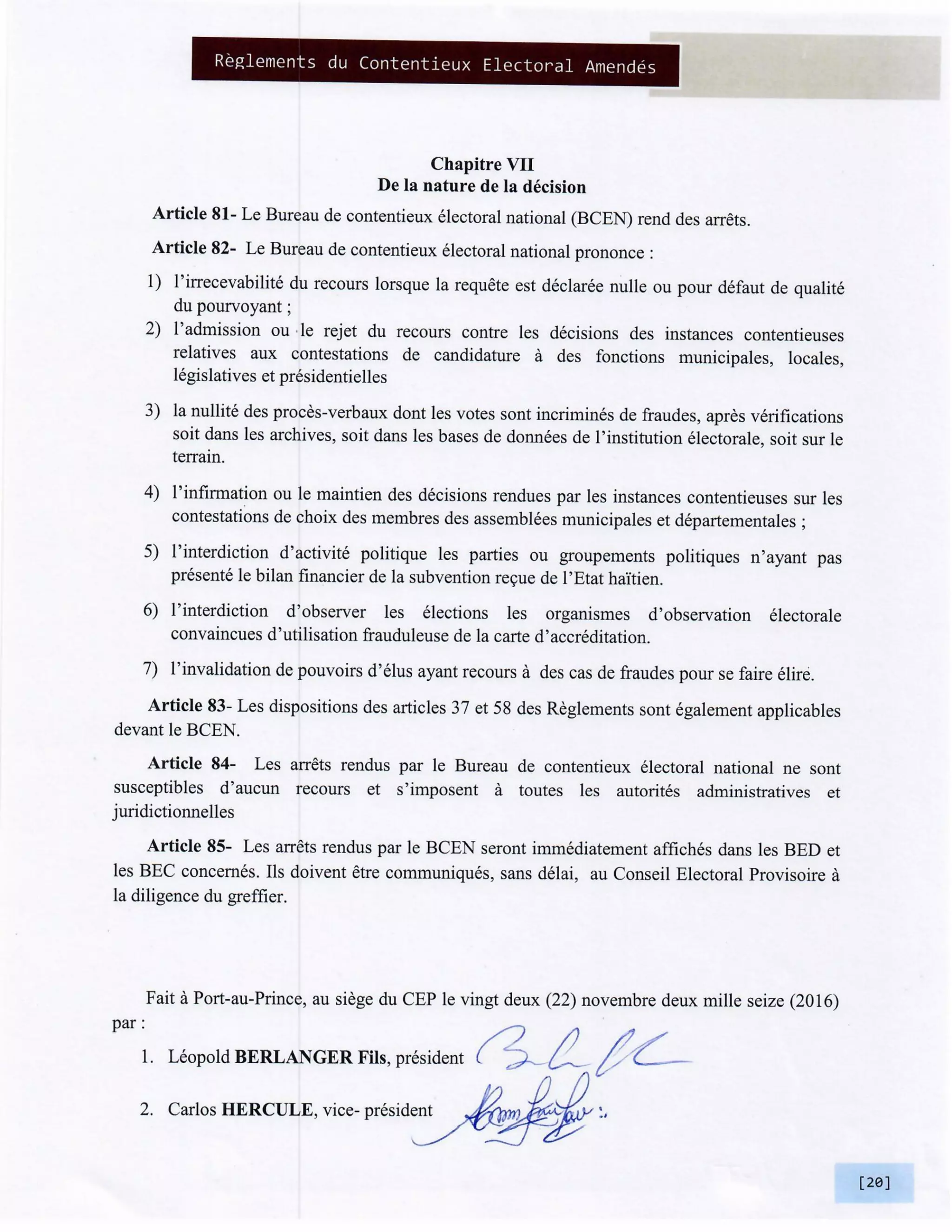 Elections Haiti: Reglements du Contentieux Electoral Amendes BCED et BCEN