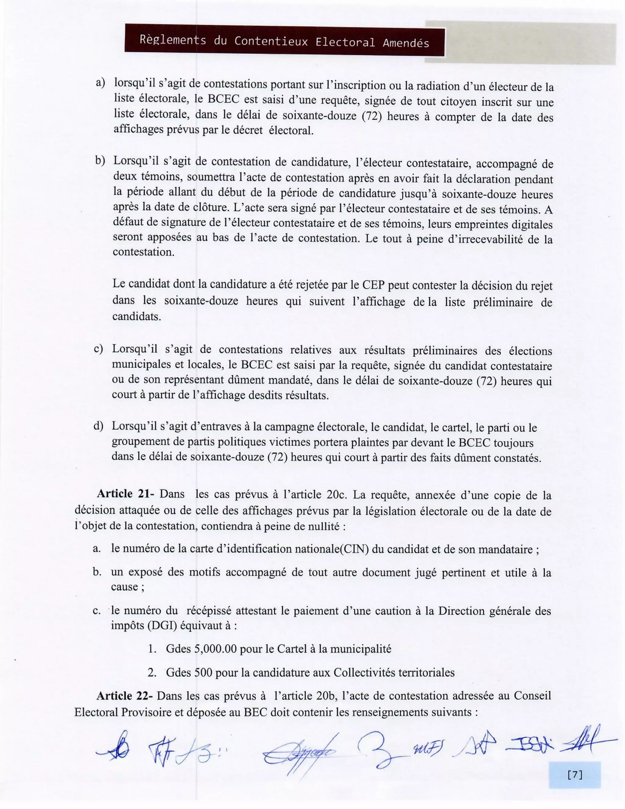 Elections Haiti: Reglements du Contentieux Electoral Amendes BCED et BCEN