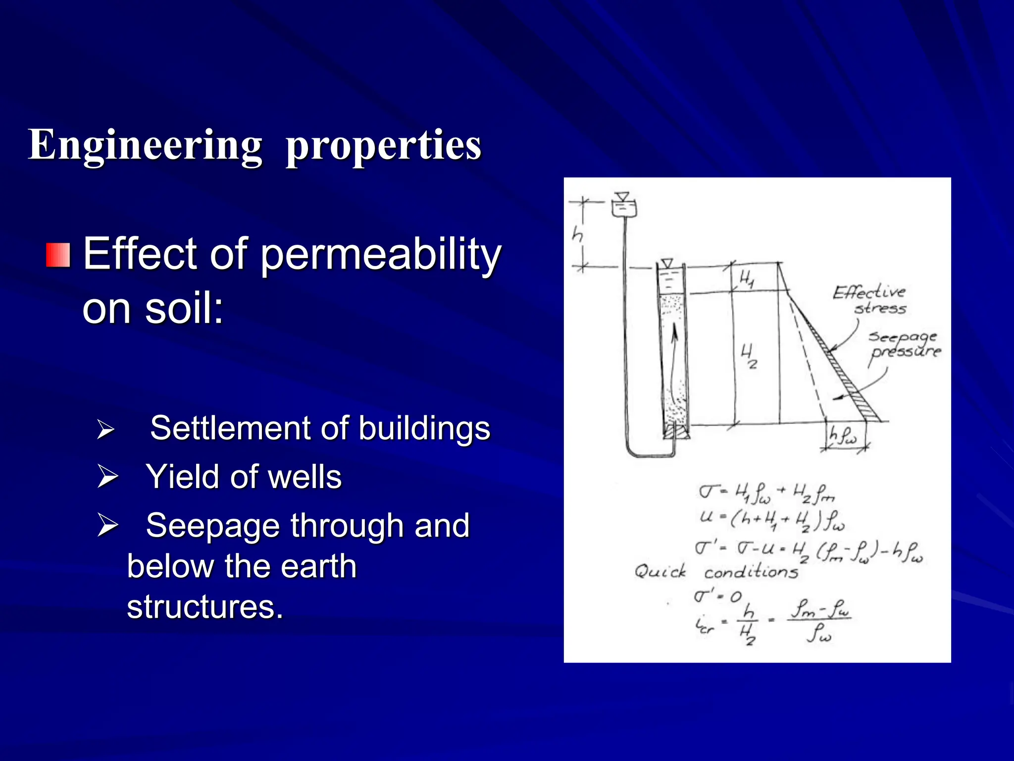 Effect of permeability
on soil:
 Settlement of buildings
 Yield of wells
 Seepage through and
below the earth
structures.
Engineering properties
 