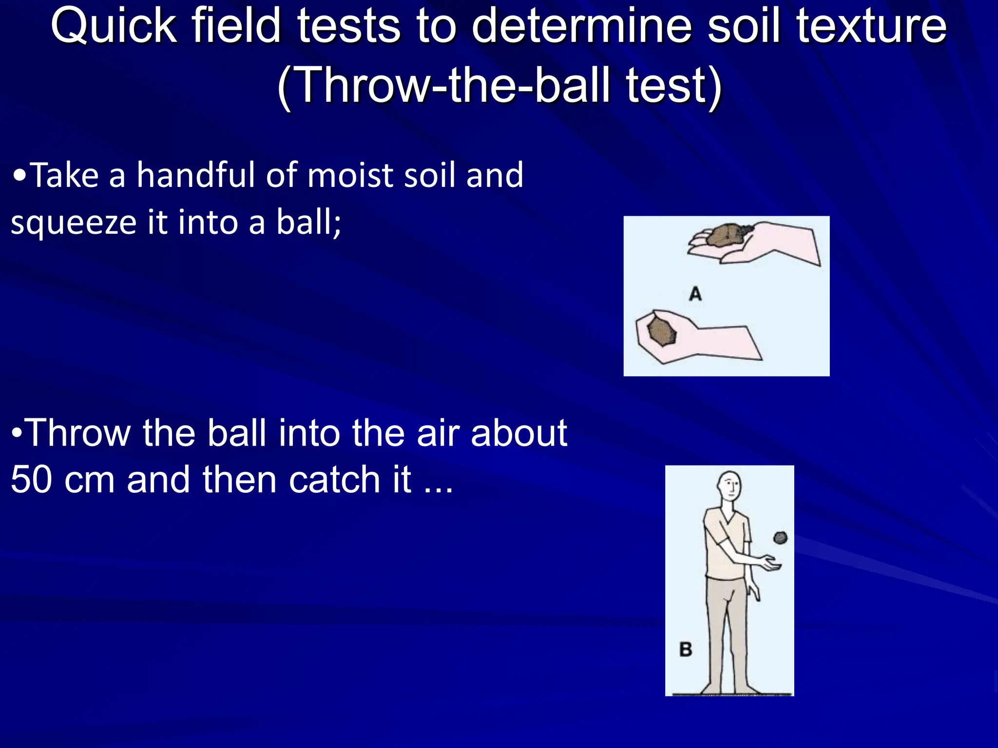 Quick field tests to determine soil texture
(Throw-the-ball test)
•Take a handful of moist soil and
squeeze it into a ball;
•Throw the ball into the air about
50 cm and then catch it ...
 