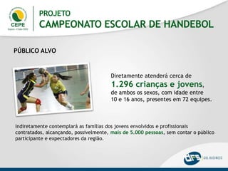 PÚBLICO ALVO
Indiretamente contemplará as famílias dos jovens envolvidos e profissionais
contratados, alcançando, possivelmente, mais de 5.000 pessoas, sem contar o público
participante e expectadores da região.
Diretamente atenderá cerca de
1.296 crianças e jovens,
de ambos os sexos, com idade entre
10 e 16 anos, presentes em 72 equipes.
PROJETO
CAMPEONATO ESCOLAR DE HANDEBOL
 