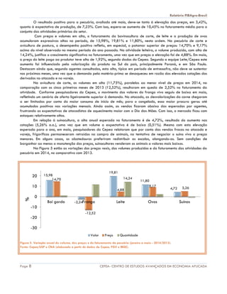 Relatório PIBAgro-Brasil
Page 8 CEPEA- CENTRO DE ESTUDOS AVANÇADOS EM ECONOMIA APLICADA
O resultado positivo para a pecuária, avaliado até maio, deve-se tanto à elevação dos preços, em 3,42%,
quanto à expectativa de produção, de 7,23%. Com isso, espera-se aumento de 10,45% no faturamento médio para o
conjunto das atividades primárias do setor.
Com preços e volumes em alta, o faturamento da bovinocultura de corte, de leite e a produção de ovos
acumularam expressivas altas no período, de 15,98%, 19,81% e 11,80%, nesta ordem. Na pecuária de corte e
avicultura de postura, o desempenho positivo refletiu, em especial, o patamar superior de preços: 14,70% e 9,17%
acima do nível observado no mesmo período do ano passado. Na atividade leiteira, o volume produzido, com alta de
14,24%, justifica o crescimento significativo no faturamento, uma vez que em preços a elevação foi de 4,88%. Em maio,
o preço do leite pago ao produtor teve alta de 1,92%, segundo dados do Cepea. Segundo a equipe Leite/Cepea este
aumento foi influenciado pela valorização do produto no Sul do país, principalmente Paraná, e em São Paulo.
Destacam ainda que, segundo agentes consultados, esta alta, típica em período de entressafra, não deve se sustentar
nos próximos meses, uma vez que a demanda pela matéria-prima se desaqueceu em razão das elevadas cotações dos
derivados no atacado e no varejo.
Na avicultura de corte, os volumes em alta (11,75%), paralelos ao menor nível de preços em 2014, na
comparação com os cinco primeiros meses de 2013 (12,52%), resultaram em queda de 2,52% no faturamento da
atividade. Conforme pesquisadores do Cepea, o movimento dos valores do frango vivo seguiu de baixa em maio,
refletindo um cenário de oferta ligeiramente superior à demanda. No atacado, as desvalorizações da carne chegaram
a ser limitadas por conta do maior consumo de início de mês; para o congelado, essa maior procura gerou até
acumulados positivos nas variações mensais. Ainda assim, as vendas ficaram abaixo das esperadas por agentes,
frustrando as expectativas de atacadistas de aquecimento maior com o Dia das Mães. Com isso, o mercado ficou com
estoques relativamente altos.
Em relação à suinocultura, a alta anual esperada no faturamento é de 4,72%, resultado do aumento nas
cotações (5,26% a.a.), uma vez que em volume a expectativa é de baixa (0,51%). Mesmo com esta elevação
esperada para o ano, em maio, pesquisadores do Cepea relataram que por conta das vendas fracas no atacado e
varejo, frigoríficos permaneceram retraídos na compra de animais, na tentativa de negociar o suíno vivo a preços
menores. Em alguns casos, os abatedouros preferiram redistribuir as escalas, alongando-as. Sem condições de
barganhar ao menos a manutenção dos preços, suinocultores venderam os animais a valores mais baixos.
Na Figura 5 estão as variações dos preços reais, dos volumes produzidos e do faturamento das atividades da
pecuária em 2014, no comparativo com 2013.
Figura 5. Variação anual do volume, dos preços e do faturamento da pecuária (janeiro a maio - 2014/2013).
Fonte: Cepea/USP e CNA (elaborado a partir de dados da Cepea, FGV e IBGE).
15,98
-2,24
19,81
11,80
4,72
14,70
-12,52
4,88
9,17 5,26
14,24
-30
-20
-10
0
10
20
Boi gordo Frango Leite Ovos Suínos
%
Valor Preço Quantidade
 