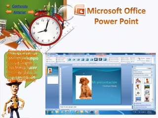 Contenido
Anterior

Siguiente

Acala barra dando
Finalmente que
En ya tenemos
Vamos a ver un
Vamos a adicionar
Ahora vamos a
dos diapositivas
clic sobre la
la
aparece ejemplo
Y
pequeño a
Podemos una
primero una a
insertaresta
ahora vamos
imagen
derecha
seleccionamos
de
modificar que a
diapositiva los
imagen lo mas
ponerle queen
aparecera la
buscamos
elpodemos la
tema un
textos en hacer
nuestrapara esto
prediseñada
fondo, que la
nuestra
imagen una
deseamos en
en
diapositiva
presentaciónpara
damos clic en la
diapositivapor
queremos,
presentación.
presentación
opción Diseño
ser modificada
ejemplo “perro”

 