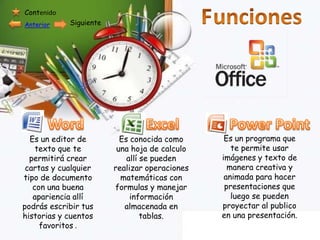 Contenido
Anterior

Siguiente

Es un editor de
texto que te
permitirá crear
cartas y cualquier
tipo de documento
con una buena
apariencia allí
podrás escribir tus
historias y cuentos
favoritos .

Es conocida como
una hoja de calculo
allí se pueden
realizar operaciones
matemáticas con
formulas y manejar
información
almacenada en
tablas.

Es un programa que
te permite usar
imágenes y texto de
manera creativa y
animada para hacer
presentaciones que
luego se pueden
proyectar al publico
en una presentación.

 