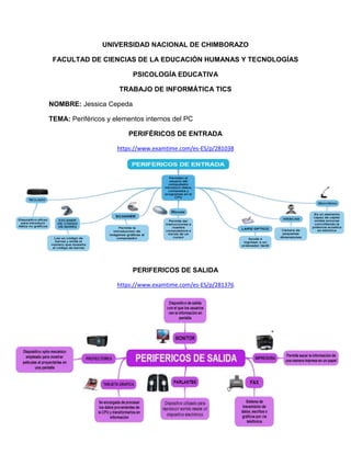 UNIVERSIDAD NACIONAL DE CHIMBORAZO
FACULTAD DE CIENCIAS DE LA EDUCACIÓN HUMANAS Y TECNOLOGÍAS
PSICOLOGÍA EDUCATIVA
TRABAJO DE INFORMÁTICA TICS
NOMBRE: Jessica Cepeda
TEMA: Periféricos y elementos internos del PC
PERIFÉRICOS DE ENTRADA
https://www.examtime.com/es-ES/p/281038

PERIFERICOS DE SALIDA
https://www.examtime.com/es-ES/p/281376

 