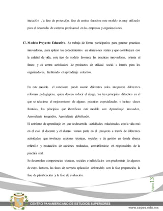 Página13
iniciación , la fase de protección, fase de amista duradera este modelo es muy utilizado
para el desarrollo de carreras profesional en las empresas y organizaciones.
17. Modelo Proyecto Educativo. Se trabaja de forma participativa para generar practicas
innovadoras, para aplicar los conocimientos en situaciones reales y que contribuyen con
la calidad de vida, este tipo de modelo favorece las practicas innovadoras, orienta al
futuro y ce centra actividades de productos de utilidad social o interés para los
organizadores, facilitando el aprendizaje colectivo.
En este modelo el estudiante puede asumir diferentes roles integrando diferentes
reformas pedagógicas, quien deseen reducir el riesgo, los tres principios didáctico en el
que se relaciona el mejoramiento de algunas prácticas especializadas o incluso clases
frontales, los principios que identifican este modelo son: Aprendizaje innovador,
Aprendizaje integrador, Aprendizaje globalizado.
El ambiente de aprendizaje en que se desarrolla actividades relacionadas con la vida real
en el cual el docente y el alumno toman parte en el proyecto a través de diferentes
actividades que involucra acciones técnicas, sociales y de gestión en donde abarca
reflexión y evaluación de acciones realizadas, convirtiéndose en responsables de la
practica real.
Se desarrollan competencias técnicas, sociales e individúales con predominio de algunos
de estos factores, las fases de correcta aplicación del modelo son: la fase preparación, la
fase de planificación y la fase de evaluación.
 