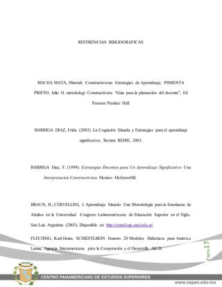Página17
REFERENCIAS BIBLIOGRAFICAS
ROCHA MATA, Dinorah. Constructivismo Estrategias de Aprendizaje, PIMIENTA
PRIETO, Julio H. metodologi Constructivista “Guia para la planeación del docente”, Ed
Pearson Prentice Hall.
BARRIGA DIAZ, Frida. (2003). La Cognición Situada y Estrategias para el aprendizaje
significativo, Revista REDIE, 2003.
BARRIGA Diaz, F. (1999). Estrategias Docentes para Un Aprendizaje Significativo: Una
Interpretacion Constructivista. Mexico: McGrawHill.
BRAUN, R.; CERVELLINI, J. Aprendizaje Situado. Una Metodología para la Enseñanza de
Adultos en la Universidad. Congreso Latinoamericano de Educación Superior en el Siglo,
San Luis Argentina (2003), Disponible en: http://conedsup.unsl.edu.ar/
FLECHSIG, Karl-Heinz, SCHIEFELBEIN Ernesto. 20 Modelos Didácticos para América
Latina, Agencia Interamericana para la Cooperación y el Desarrollo AICD.
 