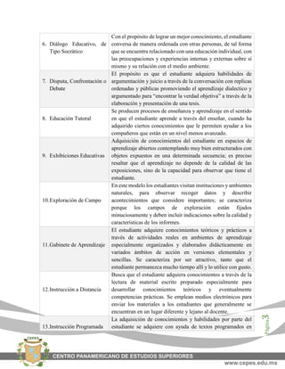 Página3
6. Diálogo Educativo, de
Tipo Socrático
Con el propósito de lograr un mejor conocimiento, el estudiante
conversa de manera ordenada con otras personas, de tal forma
que se encuentra relacionado con una educación individual, con
las preocupaciones y experiencias internas y externas sobre sí
mismo y su relación con el medio ambiente.
7. Disputa, Confrontación o
Debate
El propósito es que el estudiante adquiera habilidades de
argumentación y juicio a través de la conversación con replicas
ordenadas y públicas promoviendo el aprendizaje dialectico y
argumentado para “encontrar la verdad objetiva” a través de la
elaboración y presentación de una tesis.
8. Educación Tutoral
Se producen procesos de enseñanza y aprendizaje en el sentido
en que el estudiante aprende a través del enseñar, cuando ha
adquirido ciertos conocimientos que le permiten ayudar a los
compañeros que están en un nivel menos avanzado.
9. Exhibiciones Educativas
Adquisición de conocimientos del estudiante en espacios de
aprendizaje abiertos contemplando muy bien estructurados con
objetos expuestos en una determinada secuencia; es preciso
resaltar que el aprendizaje no depende de la calidad de las
exposiciones, sino de la capacidad para observar que tiene el
estudiante.
10.Exploración de Campo
En este modelo los estudiantes visitan instituciones y ambientes
naturales, para observar recoger datos y describir
acontecimientos que considere importantes; se caracteriza
porque los campos de exploración están fijados
minuciosamente y deben incluir indicaciones sobre la calidad y
características de los informes.
11.Gabinete de Aprendizaje
El estudiante adquiere conocimientos teóricos y prácticos a
través de actividades reales en ambientes de aprendizaje
especialmente organizados y elaborados didácticamente en
variados ámbitos de acción en versiones elementales y
sencillas. Se caracteriza por ser atractivo, tanto que el
estudiante permanezca mucho tiempo allí y lo utilice con gusto.
12.Instrucción a Distancia
Busca que el estudiante adquiera conocimientos a través de la
lectura de material escrito preparado especialmente para
desarrollar conocimientos teóricos y eventualmente
competencias prácticas. Se emplean medios electrónicos para
enviar los materiales a los estudiantes que generalmente se
encuentran en un lugar diferente y lejano al docente.
13.Instrucción Programada
La adquisición de conocimientos y habilidades por parte del
estudiante se adquiere con ayuda de textos programados en
 