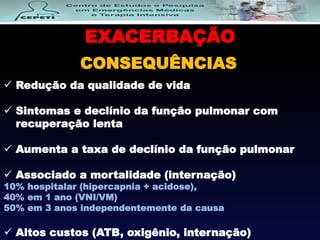 EXACERBAÇÃO
CONSEQUÊNCIAS
 Redução da qualidade de vida
 Sintomas e declínio da função pulmonar com
recuperação lenta
 Aumenta a taxa de declínio da função pulmonar
 Associado a mortalidade (internação)
10% hospitalar (hipercapnia + acidose),
40% em 1 ano (VNI/VM)
50% em 3 anos independentemente da causa
 Altos custos (ATB, oxigênio, internação)
 