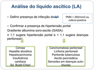 Análise do líquido ascítico (LA)
 Definir presença de infecção do LA
 Confirmar a presença de hipertensão portal
Gradien...