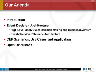 Our Agenda Introduction Event-Decision Architecture  High Level Overview of Decision Making and BusinessEvents™ Event-Decision Reference Architecture CEP Scenarios, Use Cases and Application Open Discussion 