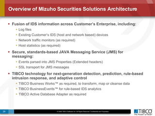 Overview of Mizuho Securities Solutions Architecture Fusion of IDS information across Customer’s Enterprise, including: Log files Existing Customer’s IDS (host and network based) devices Network traffic monitors (as required) Host statistics (as required) Secure, standards-based JAVA Messaging Service (JMS) for messaging: Events parsed into JMS Properties (Extended headers) SSL transport for JMS messages TIBCO technology for next-generation detection, prediction, rule-based intrusion response, and adaptive control TIBCO Business Works™ as required, to transform, map or cleanse data TIBCO BusinessEvents™ for rule-based IDS analytics TIBCO Active Database Adapter as required 