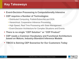 Key Takeaways Event-Decision Processing is Computationally Intensive CEP requires a Number of Technologies: Distributed Computing, Publish/Subscribe and SOA Hierarchical, Cooperative Inference Processing High Speed, Real Time Processing with State Management Event-Decision Architecture for Complex Situations and Events There is no single “CEP Solution” or “CEP Product” CEP needs a Common Vocabulary and Functional Architecture based on Mature, Industry-Standard Inference Models TIBCO is Solving CEP Scenarios for Our Customers Today   