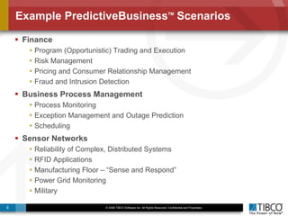 Example PredictiveBusiness TM  Scenarios Finance Program (Opportunistic) Trading and Execution Risk Management Pricing and Consumer Relationship Management Fraud and Intrusion Detection Business Process Management Process Monitoring Exception Management and Outage Prediction Scheduling Sensor Networks Reliability of Complex, Distributed Systems RFID Applications Manufacturing Floor – “Sense and Respond” Power Grid Monitoring Military 