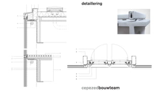 cepezedbouwteam
1030 bouwdeel D(emontabel)
principedetail
1:5
1
3
2
7
6
4
9
1 vliesgevelsysteem, aan
staalconstructie gelast
2 gezet stalen regel, stelbaar
3 rolgordijn
4 gezet stalen ligger
5 steenwol
6 prefab LVL (laminated veneer
lumber) vloerelement
7 kartonnen honingraat gevuld
met grind 30mm
8 gips-vezel composiet
vloerelement, 30mm
9 pvc vloerafwerking
8
5
0m 0.2m0m 0.2m
dakrand
5 zetwerk profiel in kleur gevel
over klemlijst heenzetten
6 rolgordijn
7 samengestelde dakopstand
bevestigd op stalen
gevelliggers
6
5
7
draai-kiep raam tbv natuurlijke
ventilatie over volledige
verdiepingshoogte
2 staalprofiel met brandwerende
staalcoating in kleur
3 glazen gevelelement, beglazing
voorzien van zwarte spacers
4 naad afkitten tbv waterdichting
5 gevelrooster met verlengde
flensrand t.b.v. bevestiging op
in kleur gecoat aluminium
kokerprofiel
6 graepel Lightprofile
gevelrooster bevestigd op
kozijnen ventilatieramen
5
1
6
3
2
4
detailleringdetaillering
 