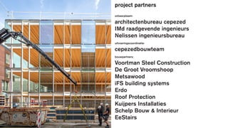 ontwerpteam:
architectenbureau cepezed
IMd raadgevende ingenieurs
Nelissen ingenieursbureau
uitvoeringscoordinatie:
cepezedbouwteam
bouwpartners:
Voortman Steel Construction
De Groot Vroomshoop
Metsawood
iFS building systems
Erdo
Roof Protection
Kuijpers Installaties
Schelp Bouw & Interieur
EeStairs
project partnersproject partnersproject partnersproject partners
 