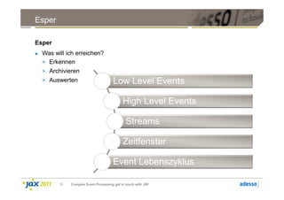 Esper

Esper
►   Was will ich erreichen?
    > Erkennen
    > Archivieren
    > Auswerten                        Low Level Events

                                             High Level Events

                                               Streams

                                             Zeitfenster

                                       Event Lebenszyklus

          19   Complex Event Processing get in touch with JSF
 
