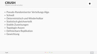 29
)
• Pseudo-Randomiserter Verteilungs Algo
• Schnell
• Deterministisch und Wiederholbar
• Statistisch gleichverteilt
• Stabile Zuweisungen
• Topologie-Aware
• Definierbare Replikation
• Gewichtung
CRUSH
Objekte sinnvoll verteilen
Ceph
 