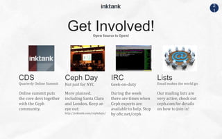 2
1
Quarterly Online Summit
Online summit puts
the core devs together
with the Ceph
community.
Not just for NYC
More planned,
including Santa Clara
and London. Keep an
eye out:
http://inktank.com/cephdays/
Geek-on-duty
During the week
there are times when
Ceph experts are
available to help. Stop
by oftc.net/ceph
Email makes the world go
Our mailing lists are
very active, check out
ceph.com for details
on how to join in!
Open Source is Open!
Get Involved!
CDS Ceph Day IRC Lists
 