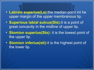 ●
Labrale superius(Ls):the median point int he
upper margin of the upper membranous lip.
●
Superious labial sulcus(Sls):it is a point of
great concavity in the midline of upper lip.
●
Stomion superius(Sts): it is the lowest point of
the upper lip.
●
Stomion inferius(sti):it is the highest point of
the lower lip.
 