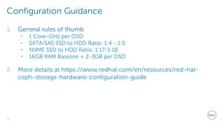 12
Configuration Guidance
1. General rules of thumb
• 1 Core-GHz per OSD
• SATA/SAS SSD to HDD Ratio: 1:4 - 1:5
• NVME SSD to HDD Ratio: 1:17-1:18
• 16GB RAM Baseline + 2-3GB per OSD
2. More details at https://www.redhat.com/en/resources/red-hat-
ceph-storage-hardware-configuration-guide
 
