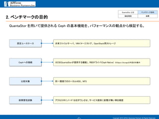 - 7 -
2. ベンチマークの目的
Copyright 2015 AFfirm Business Partners All Rights Reserved.
QuantaStor を用いて提供される Ceph の基本機能を、パフォーマンスの観点から検証する。
QuantaStor とは ベンチマーク目的
検証環境 結果
共有ファイルサーバ、 VMイメージストア、 OpenStack用ストレージ想定ユースケース
iSCSI(QuantaStorが提供する機能)、 RBDドライバ(Ceph Native) ※Object Storageは今回の対象外Cephへの接続
同一環境でのローカルHDD、 NFS比較対象
アクセス中にノード1台をダウンさせ、サービス提供に影響が無い事を確認耐障害性試験
 