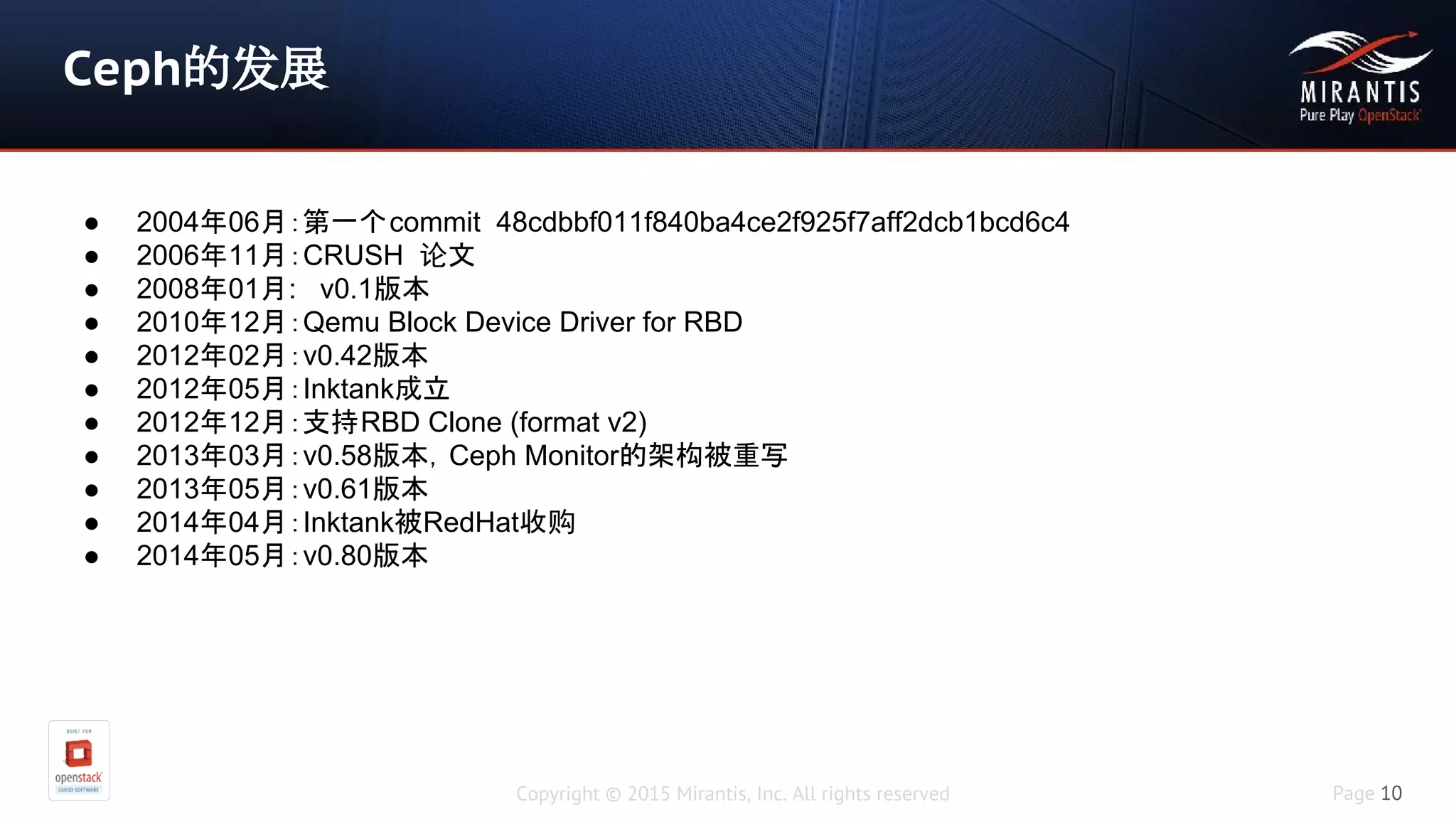 Copyright © 2015 Mirantis, Inc. All rights reserved Page 10
Ceph的发展
● 2004年06月：第一个commit 48cdbbf011f840ba4ce2f925f7aff2dcb1bcd6c4
● 2006年11月：CRUSH 论文
● 2008年01月: v0.1版本
● 2010年12月：Qemu Block Device Driver for RBD
● 2012年02月：v0.42版本
● 2012年05月：Inktank成立
● 2012年12月：支持RBD Clone (format v2)
● 2013年03月：v0.58版本，Ceph Monitor的架构被重写
● 2013年05月：v0.61版本
● 2014年04月：Inktank被RedHat收购
● 2014年05月：v0.80版本
 