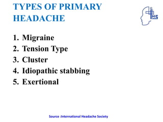 TYPES OF PRIMARY
HEADACHE
1. Migraine
2. Tension Type
3. Cluster
4. Idiopathic stabbing
5. Exertional
Source :International Headache Society
 