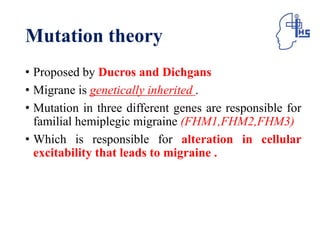 Mutation theory
• Proposed by Ducros and Dichgans
• Migrane is genetically inherited .
• Mutation in three different genes are responsible for
familial hemiplegic migraine (FHM1,FHM2,FHM3)
• Which is responsible for alteration in cellular
excitability that leads to migraine .
 