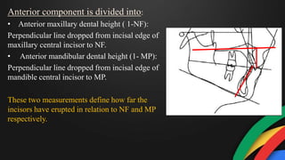 Anterior component is divided into:
• Anterior maxillary dental height ( 1-NF):
Perpendicular line dropped from incisal edge of
maxillary central incisor to NF.
• Anterior mandibular dental height (1- MP):
Perpendicular line dropped from incisal edge of
mandible central incisor to MP.
These two measurements define how far the
incisors have erupted in relation to NF and MP
respectively.
 