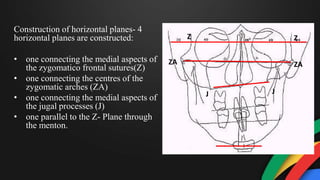 Construction of horizontal planes- 4
horizontal planes are constructed:
• one connecting the medial aspects of
the zygomatico frontal sutures(Z)
• one connecting the centres of the
zygomatic arches (ZA)
• one connecting the medial aspects of
the jugal processes (J)
• one parallel to the Z- Plane through
the menton.
Z Z
ZA ZA
J J
 