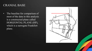CRANIAL BASE
• The baseline for comparison of
most of the data in this analysis
is a constructed plane called
HORIZONTAL PLANE (HP),
which is a surrogate Frankfort
plane.
 