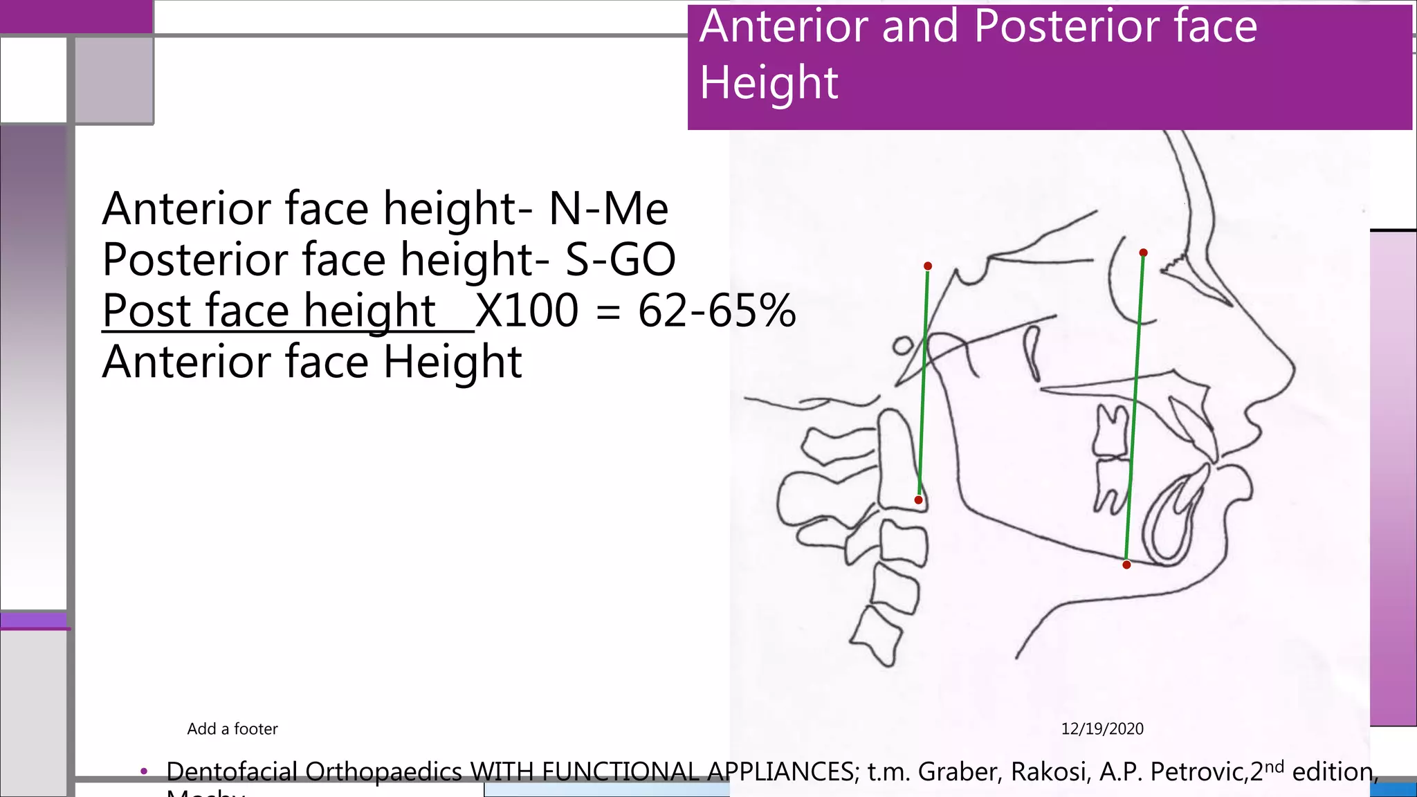 Anterior face height- N-Me
Posterior face height- S-GO
Post face height X100 = 62-65%
Anterior face Height
Anterior and Posterior face
Height
• Dentofacial Orthopaedics WITH FUNCTIONAL APPLIANCES; t.m. Graber, Rakosi, A.P. Petrovic,2nd edition,
12/19/2020Add a footer
 