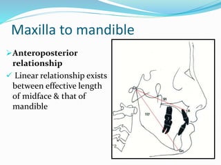 Maxilla to mandible
Anteroposterior
relationship
 Linear relationship exists
between effective length
of midface & that of
mandible
 