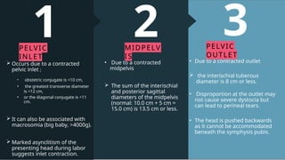 3
PELVIC
OUTLET
• Due to a contracted outlet
 the interischial tuberous
diameter is 8 cm or less.
• Disproportion at the outlet may
not cause severe dystocia but
can lead to perineal tears.
• The head is pushed backwards
as it cannot be accommodated
beneath the symphysis pubis.
2
MIDPELV
IS
• ​Due to a contracted
midpelvis
 The sum of the interischial
and posterior sagittal
diameters of the midpelvis
(normal: 10.0 cm + 5 cm =
15.0 cm) is 13.5 cm or less.
1
PELVIC
INLET
 Occurs due to a contracted
pelvic inlet ;
• obstetric conjugate is <10 cm,
• the greatest transverse diameter
is <12 cm,
• or the diagonal conjugate is <11
cm.
 It can also be associated with
macrosomia (big baby, >4000g).
 Marked asynclitism of the
presenting head during labor
suggests inlet contraction.
 