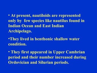 • At present, nautiloids are represented
only by few species like nautilus found in
Indian Ocean and East Indian
Archipelago.
•They lived in benthonic shallow water
condition.
• They first appeared in Upper Cambrian
period and their number increased during
Ordovician and Silurian periods.
 