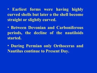 • Earliest forms were having highly
curved shells but later o the shell become
straight or slightly curved.
• Between Devonian and Carboniferous
periods, the decline of the nautiloids
started.
• During Permian only Orthoceras and
Nautilus continue to Present Day.
 
